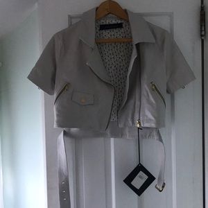 Cropped short sleeve white Italian leather jacket